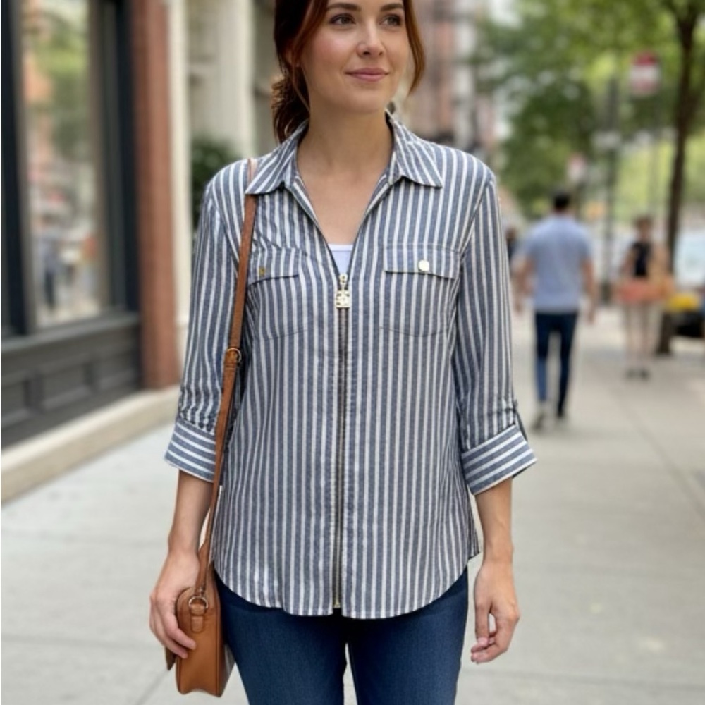 Anne Klein Blue and White Striped Zip-Down Shirt